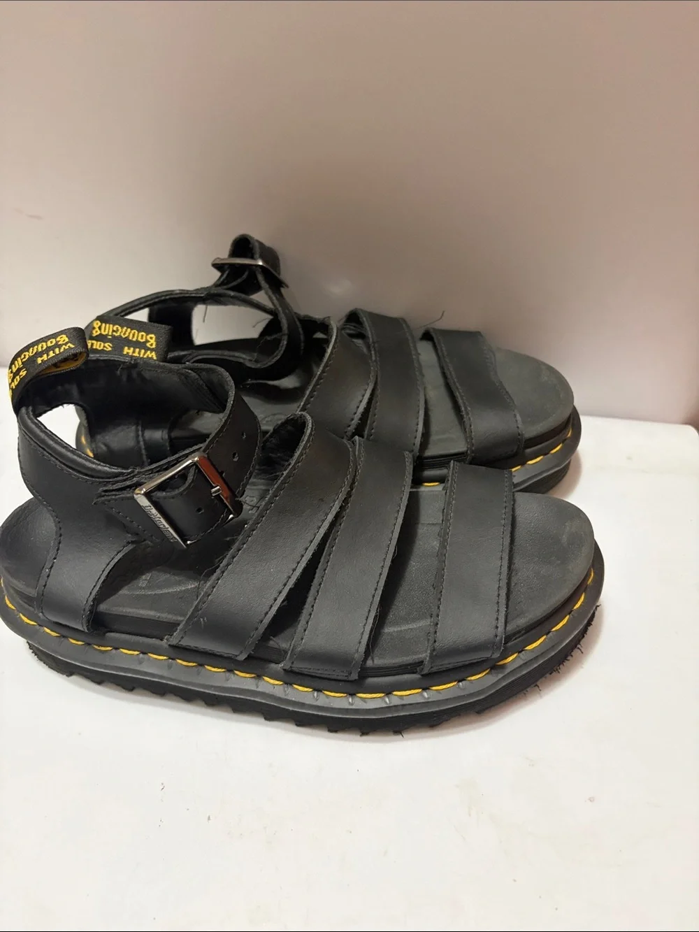 Dr Marten Blaire Black Leather Strappy Sandals with Yellow Stitching Sz 5 Women